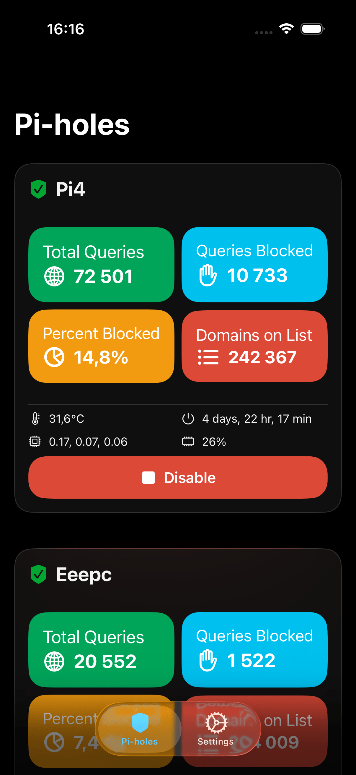Pi Stats iOS app showing Pi-hole dashboard with blocked queries statistics in dark mode