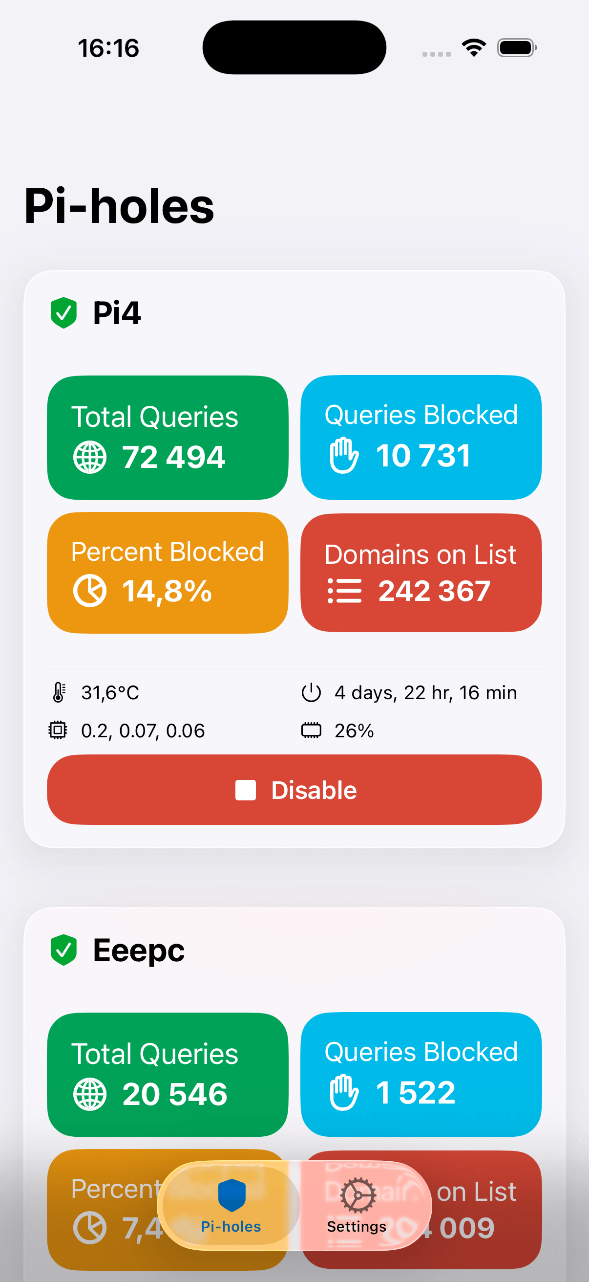 Pi Stats iOS app showing Pi-hole dashboard with blocked queries statistics in light mode
