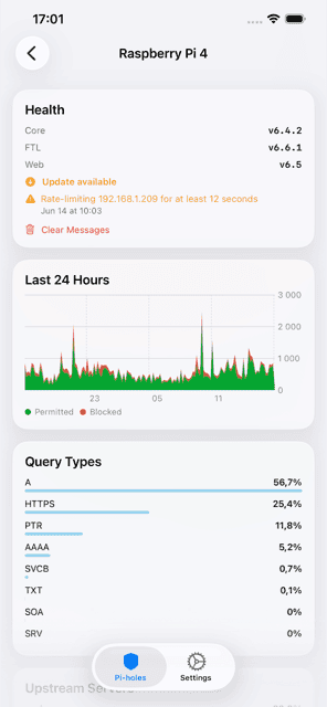 Pi Stats iOS app displaying real-time network monitoring charts in light mode