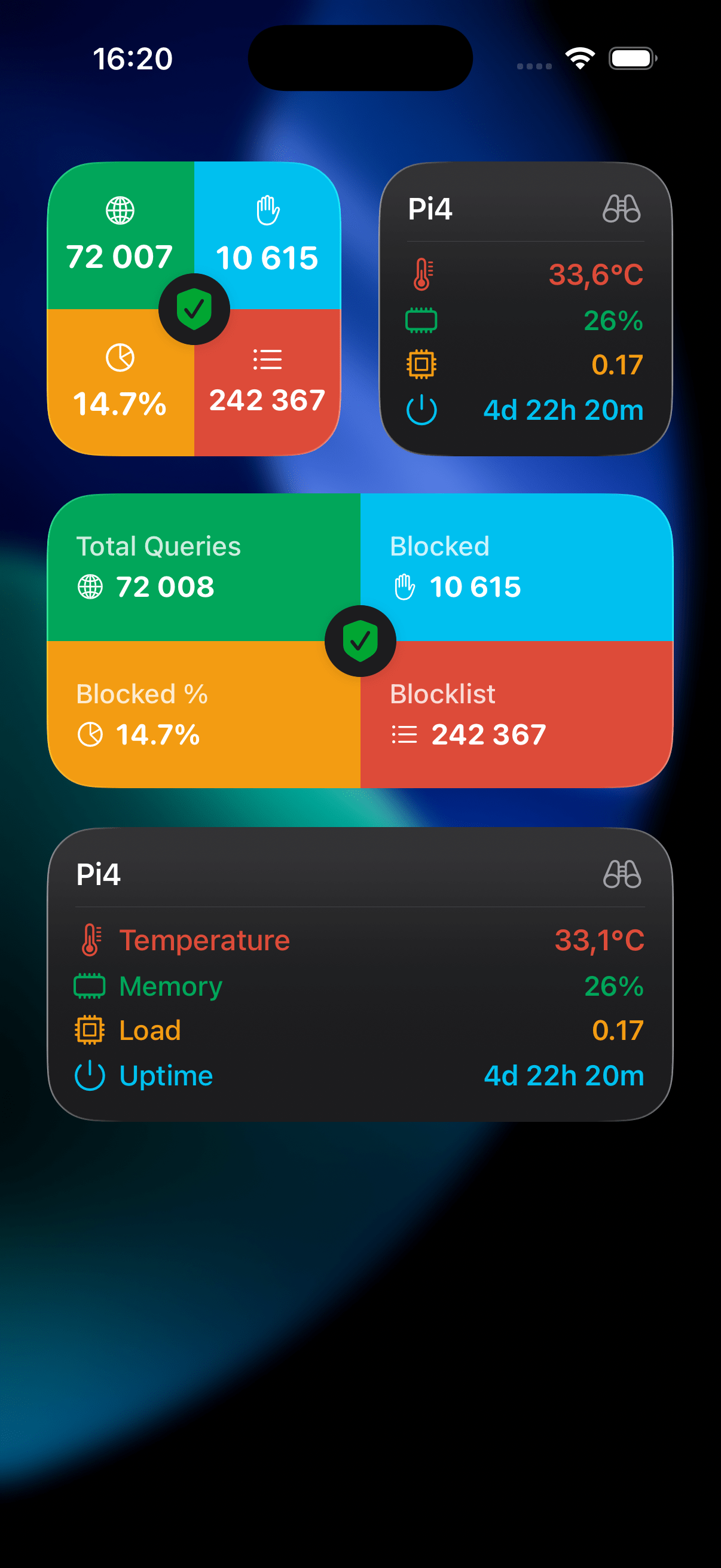 Pi Stats iOS app settings and Pi-hole configuration screen in dark mode