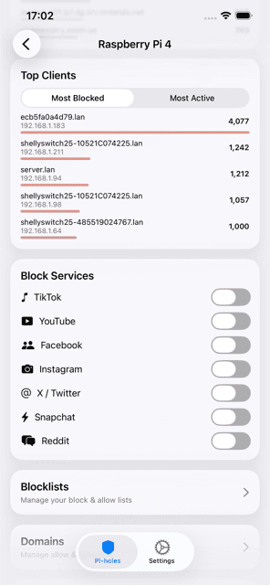 Pi Stats iOS app settings and Pi-hole configuration screen in light mode