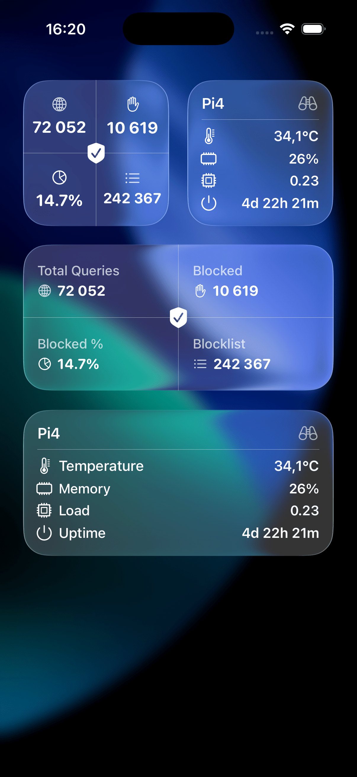Pi Stats iOS app multiple Pi-hole instances view in dark mode